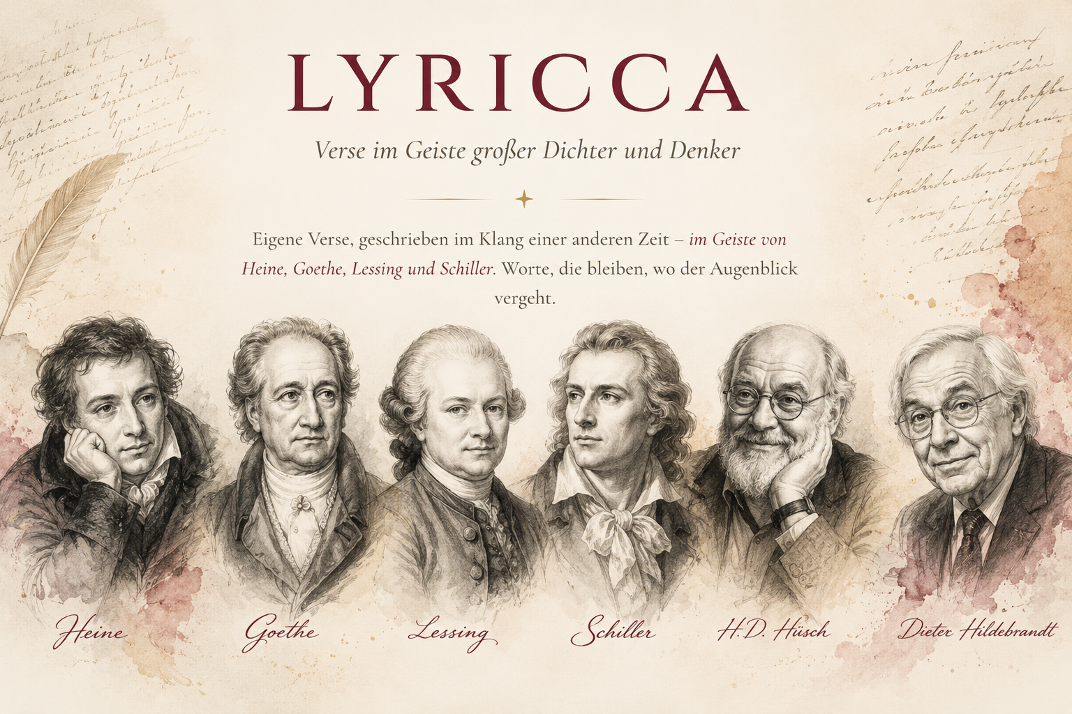 lyricca – Verse im Geiste großer Dichter und Denker. Illustration mit Portraits von Heine, Goethe, Lessing, Schiller, Hanns Dieter Hüsch und Dieter Hildebrandt.